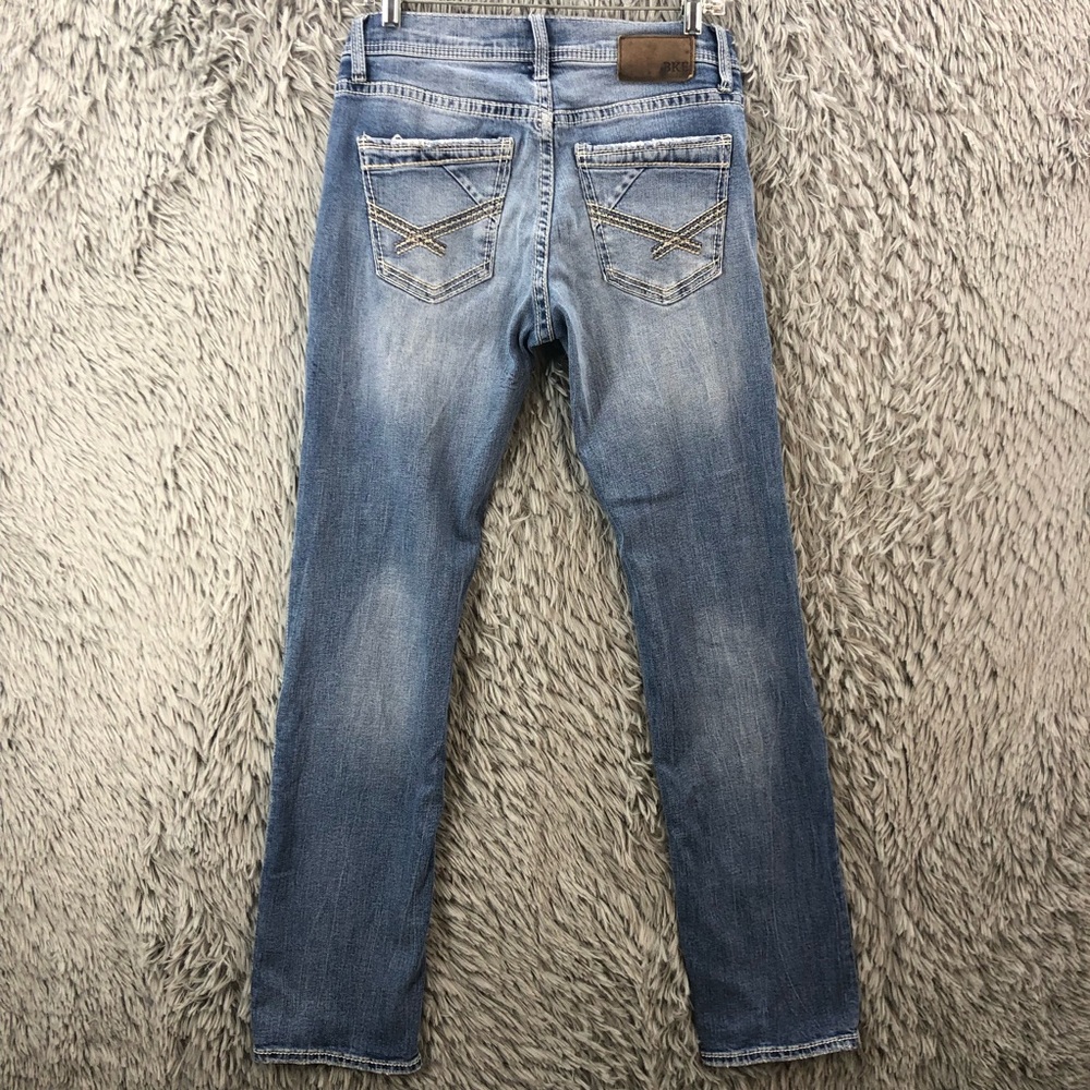 BKE Buckle Jake Mens Size 30 Straight Leg Distressed Whiskered Denim Blue Jeans